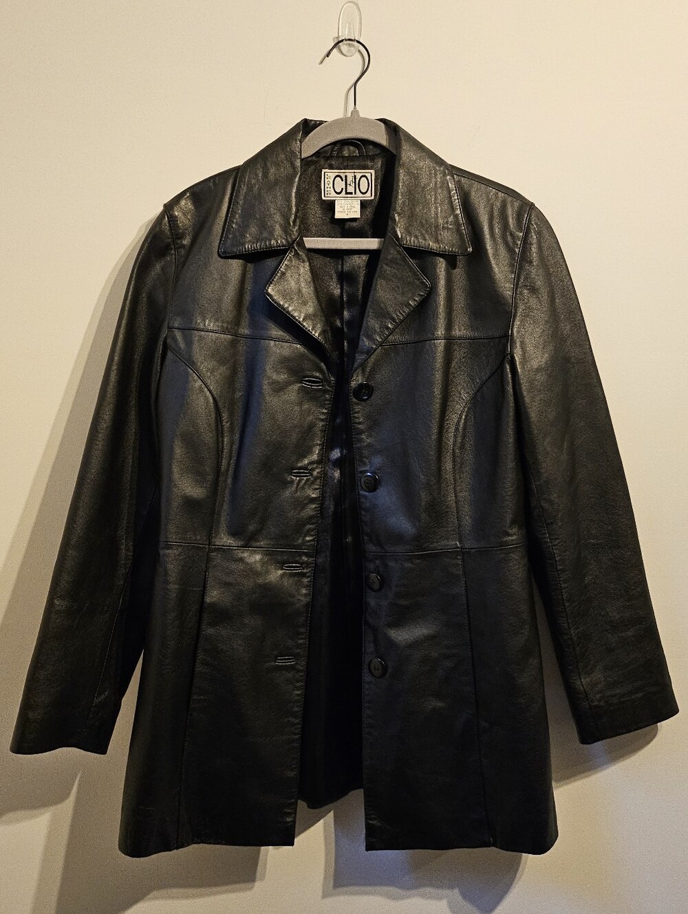 CLIO Black Leather Button-Front Coat